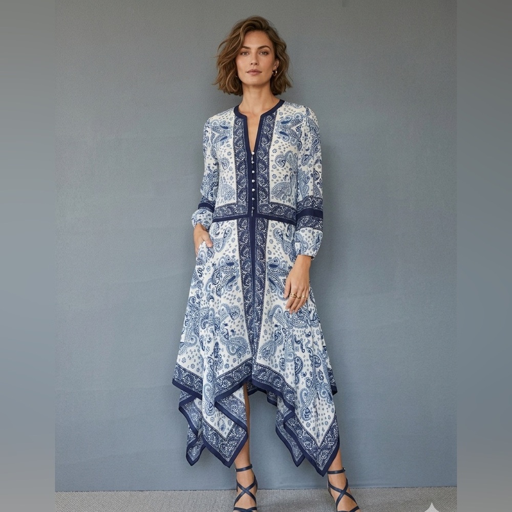 Joie 100% Silk Blue Paisley Boho Tunic Dress XS Handkerchief Hem